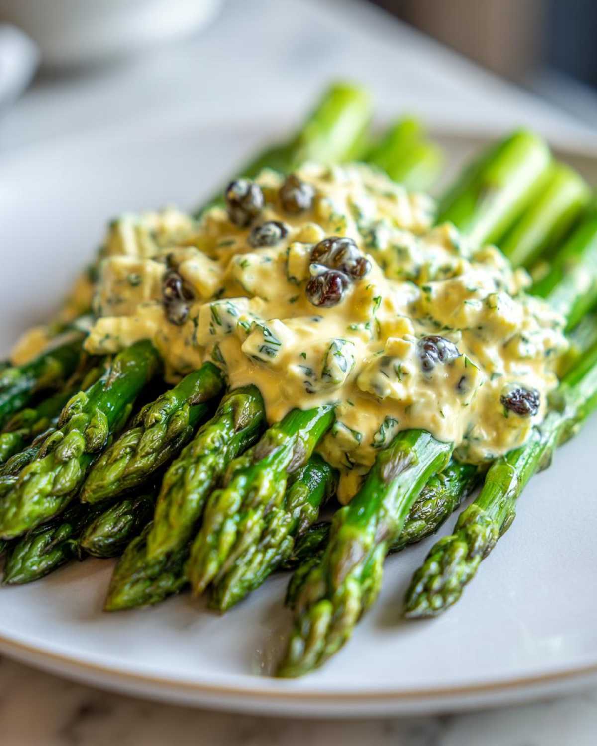 Close-up of bright green asparagus spears topped generously with creamy Sauce Gribiche for Asparagus.