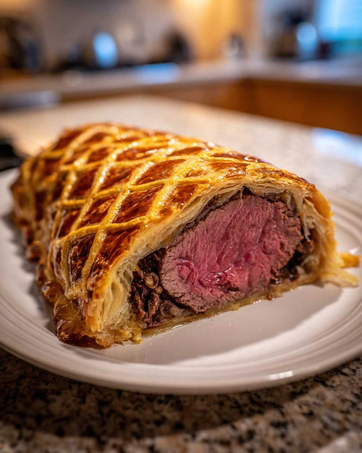 A cross-section of Authentic Beef Wellington showing medium-rare beef inside golden, lattice-scored puff pastry.