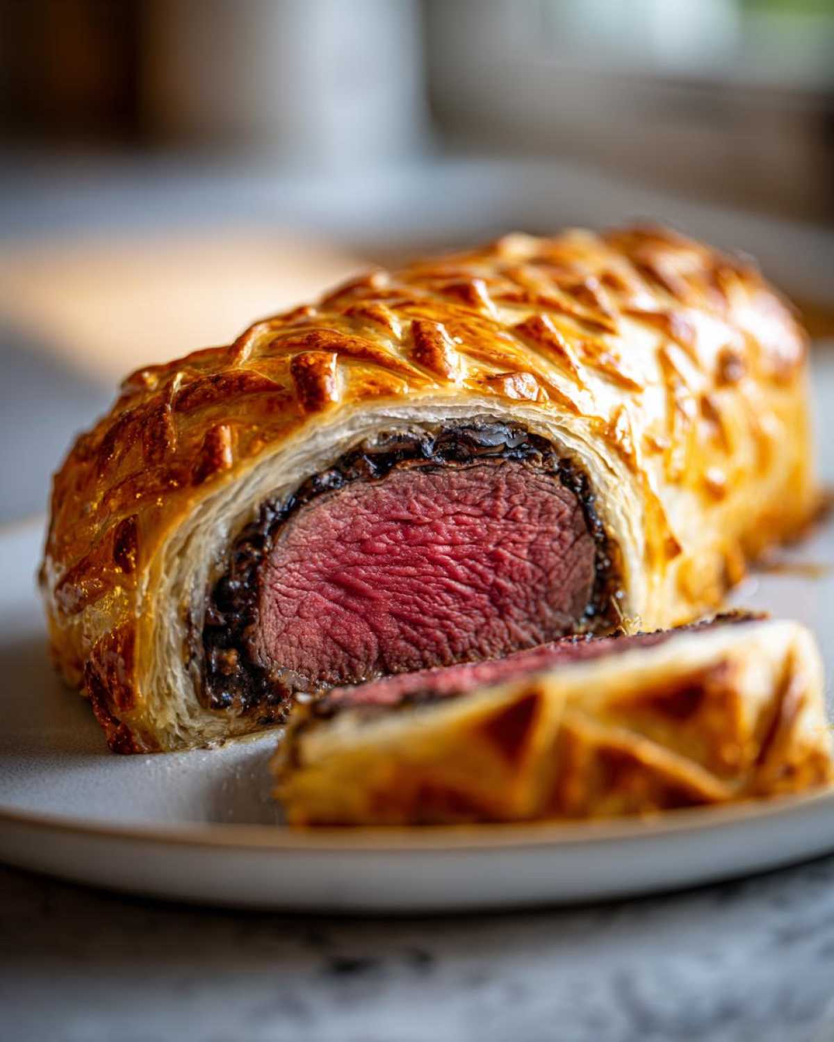 Cross-section of Authentic Beef Wellington with Puff Pastry showing medium-rare center.