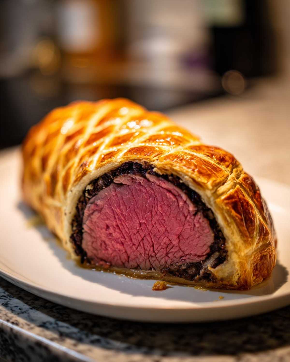 Cross-section of an Authentic Beef Wellington showing medium-rare beef inside golden, lattice-scored puff pastry.