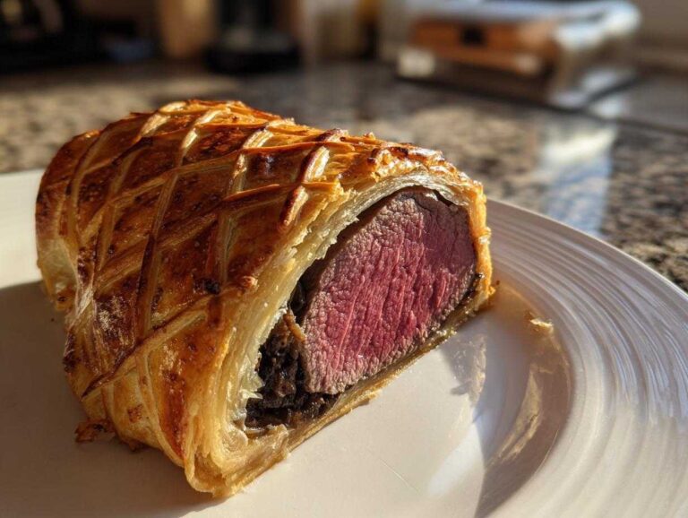 A cross-section slice of Authentic Beef Wellington Puff Pastry showing medium-rare beef inside golden, flaky pastry.