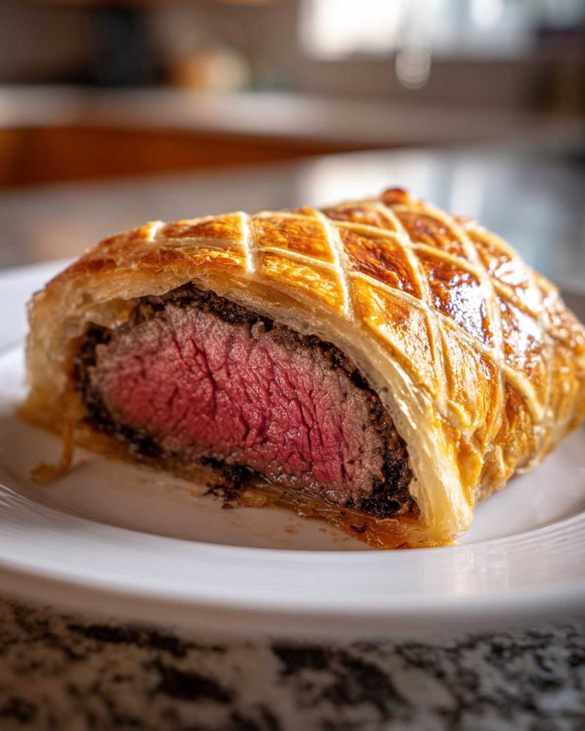 A cross-section of Authentic Beef Wellington showing a perfectly medium-rare center encased in golden, lattice-scored puff pastry.