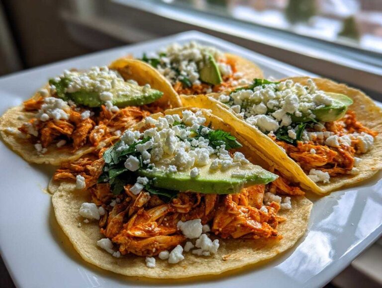 Amazing Chicken Tinga Tacos Authentic 380 Cal Four authentic Chicken Tinga Tacos loaded with shredded chicken, avocado slices, crumbled white cheese, and cilantro.