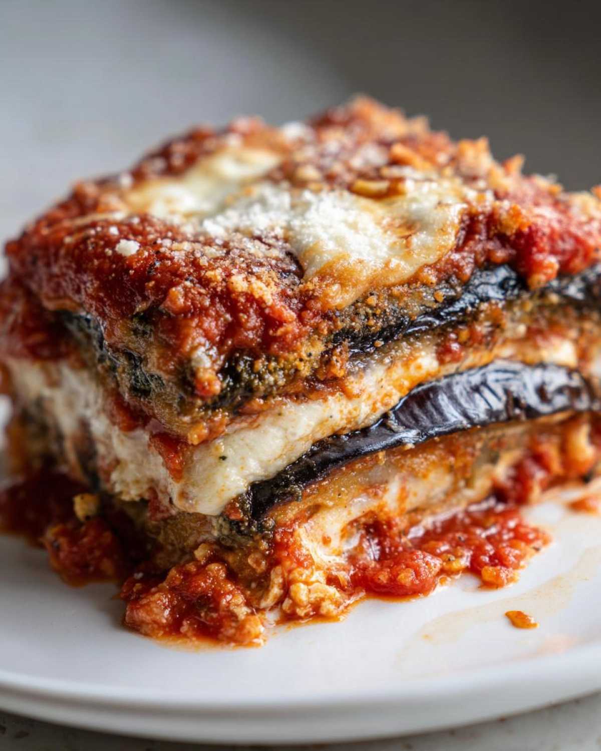 Close-up of a layered slice of rich Eggplant Parmesan Recipe Authentic with melted cheese and tomato sauce.