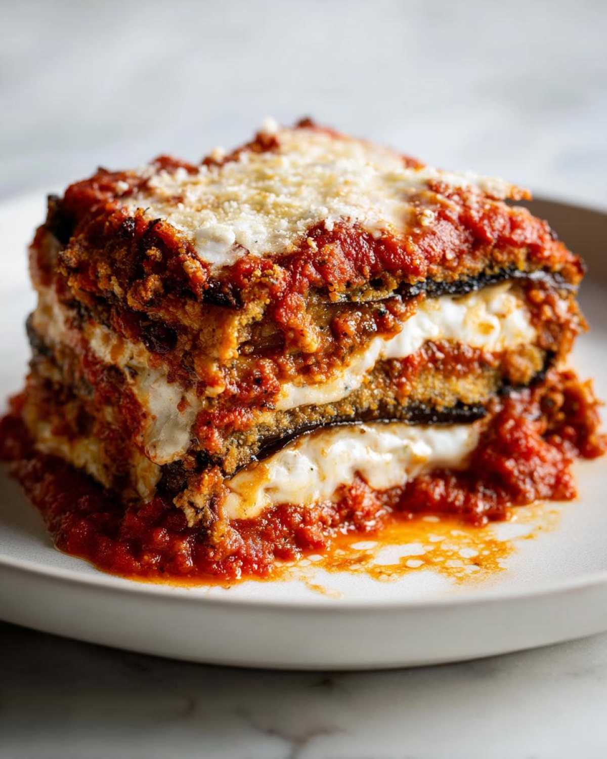 A rich, layered slice of Authentic Eggplant Parmesan Recipe covered in marinara sauce and melted cheese.