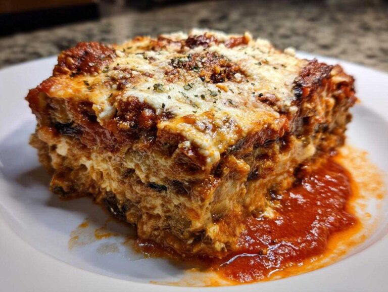 A close-up of a rich, layered slice of Authentic Eggplant Parmesan Recipe served with extra marinara sauce.