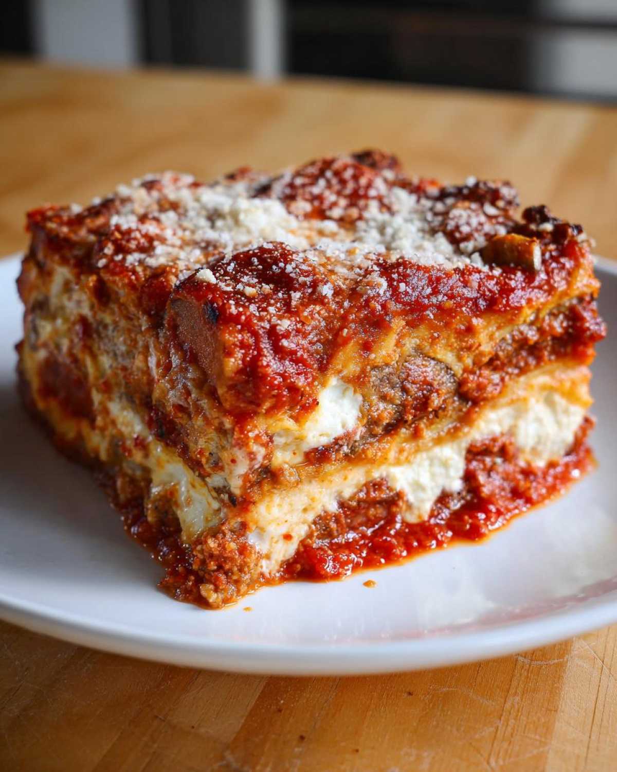 A thick, layered slice of Authentic Eggplant Parmesan Recipe covered in rich tomato sauce and grated cheese.