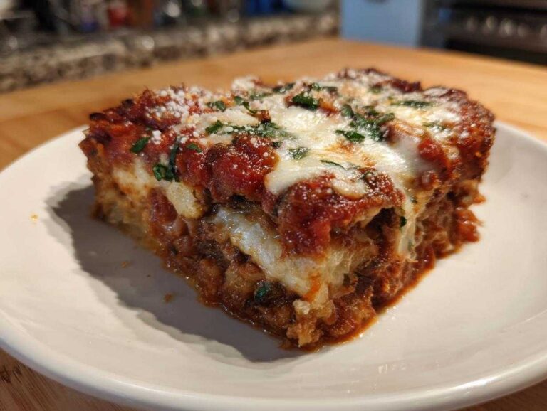 A close-up of a hearty slice of Authentic Eggplant Parmesan Recipe with melted mozzarella and tomato sauce.