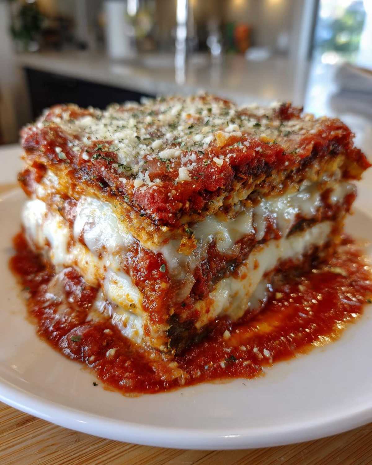 A thick, layered slice of Authentic Eggplant Parmesan Recipe covered in marinara sauce and melted cheese.
