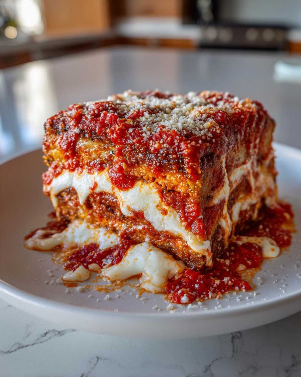 A thick, square slice of Authentic Eggplant Parmesan Recipe layered with sauce and melted mozzarella cheese.