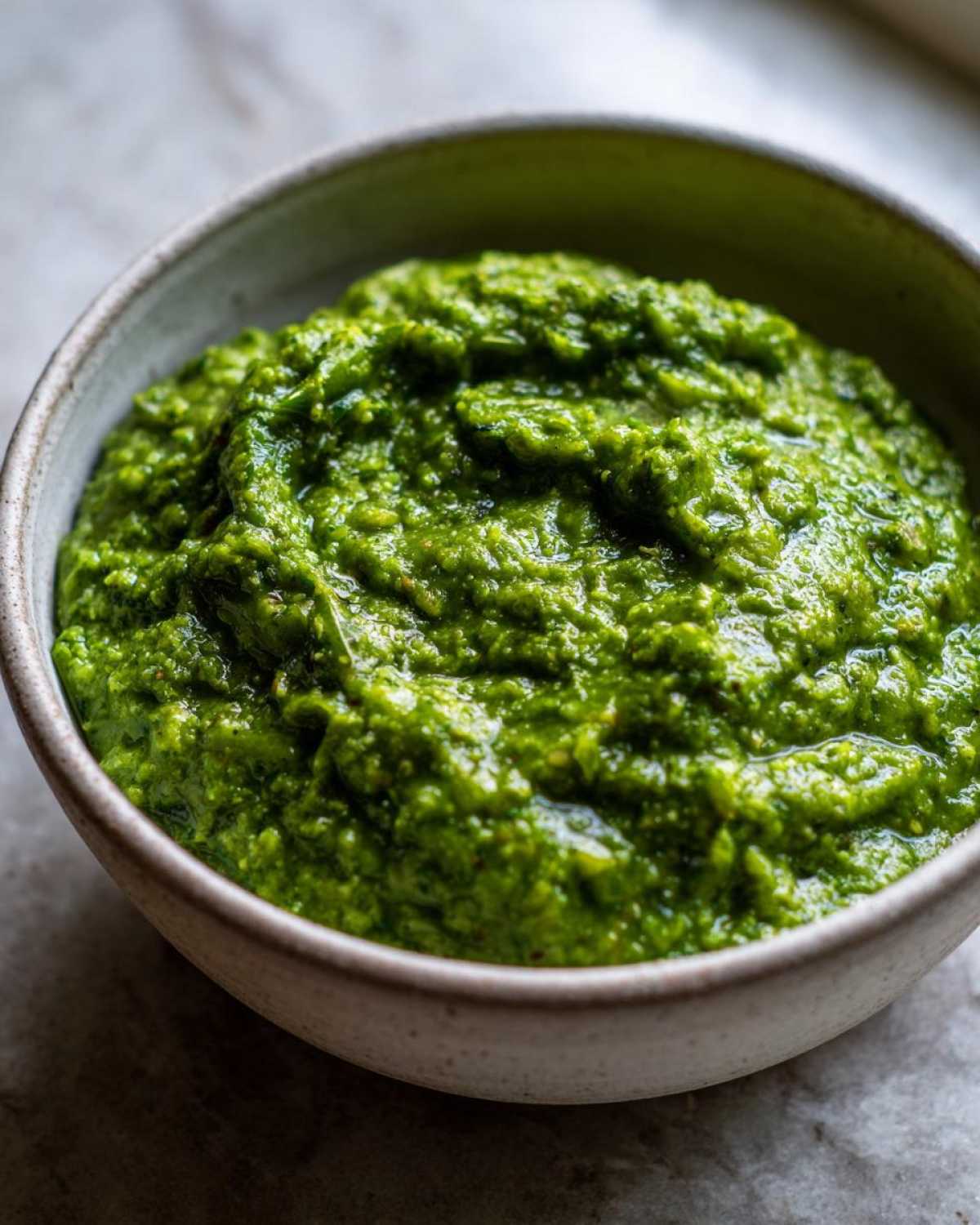 Close-up of a rustic bowl filled with thick, vibrant green Authentic Salsa Verde Recipe.