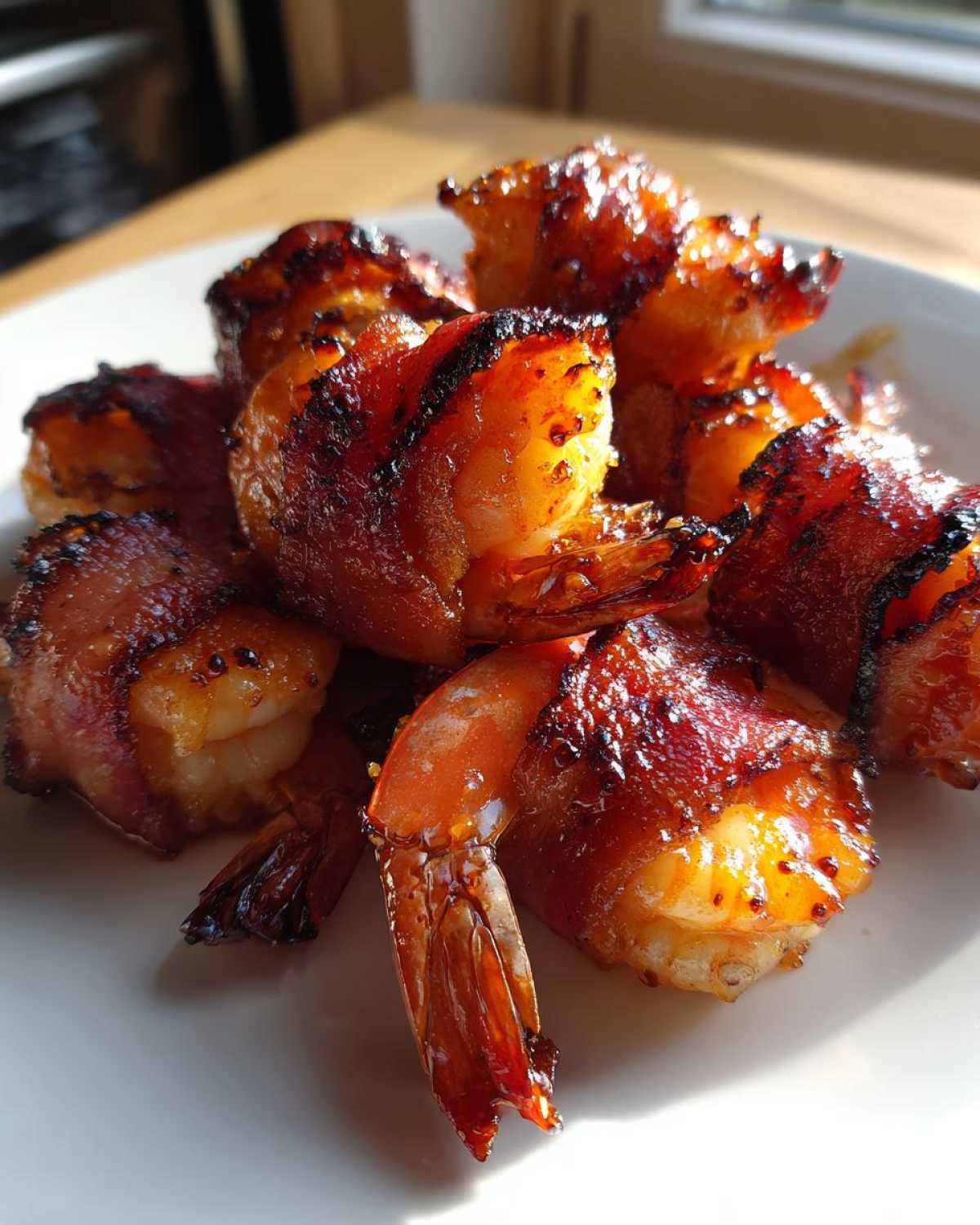 Close-up of several perfectly cooked bacon wrapped shrimp piled on a white plate, showing crispy, caramelized bacon.