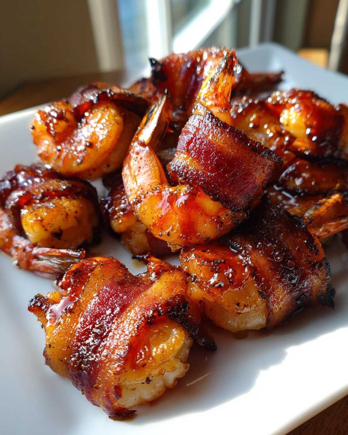 A close-up of several pieces of glazed, crispy bacon wrapped shrimp piled on a white plate.