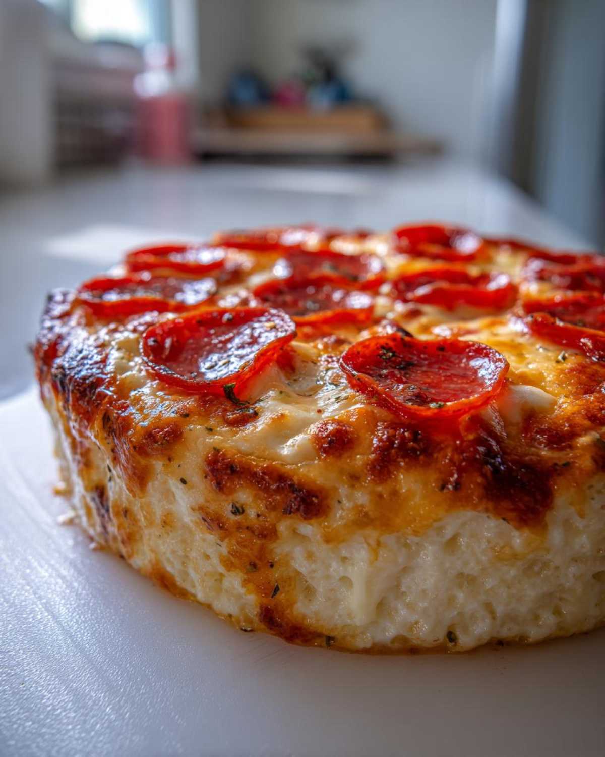 Close-up of a baked cottage cheese pizza bowl topped with melted cheese and pepperoni slices.