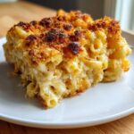 A close-up of a creamy slice of Baked Mac and Cheese with 3 Cheeses featuring a golden, crispy breadcrumb topping.