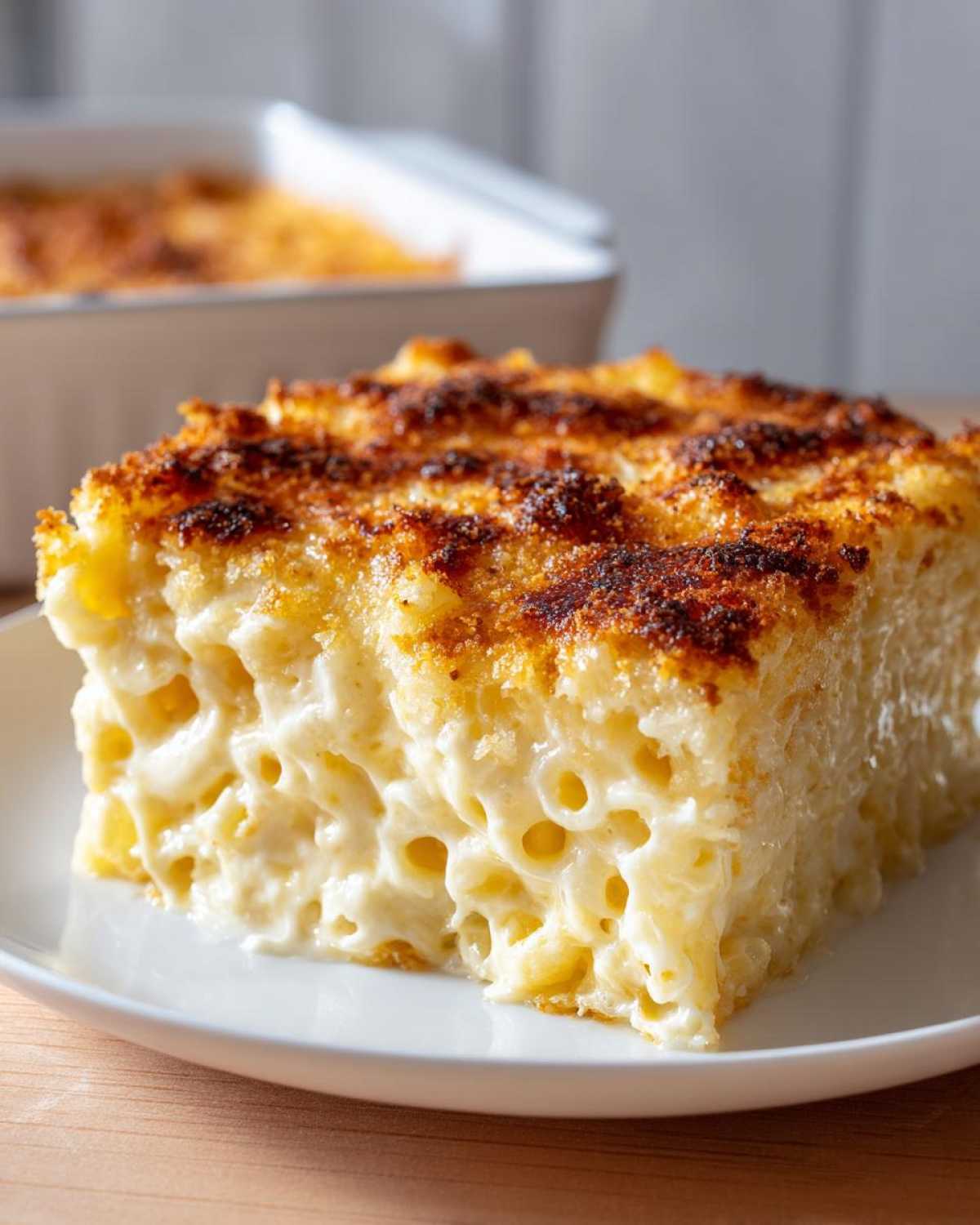 A close-up of a rich, creamy slice of Baked Mac and Cheese with 3 Cheeses featuring a golden, crispy topping.