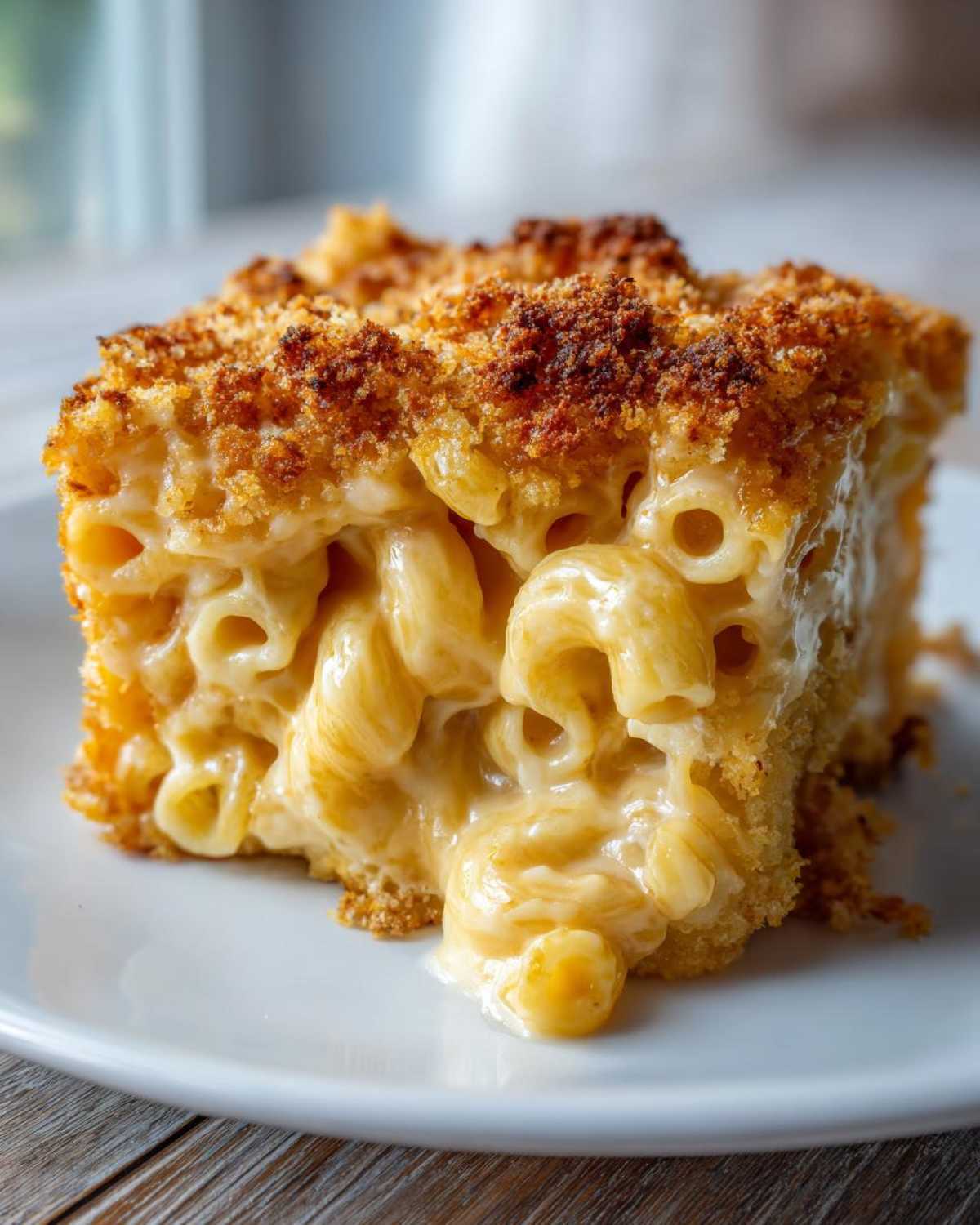 Close-up of a square serving of creamy Baked Mac and Cheese with 3 Cheeses, featuring a golden brown, crispy topping.