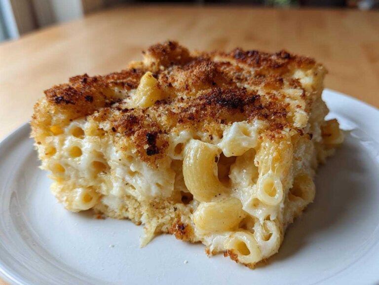 A close-up of a square slice of Baked Mac and Cheese with 3 Cheeses, featuring creamy sauce and a crispy browned topping.