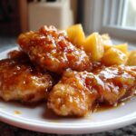Close-up of glazed, saucy pieces of Baked Pineapple Chicken served with chunks of pineapple on a white plate.