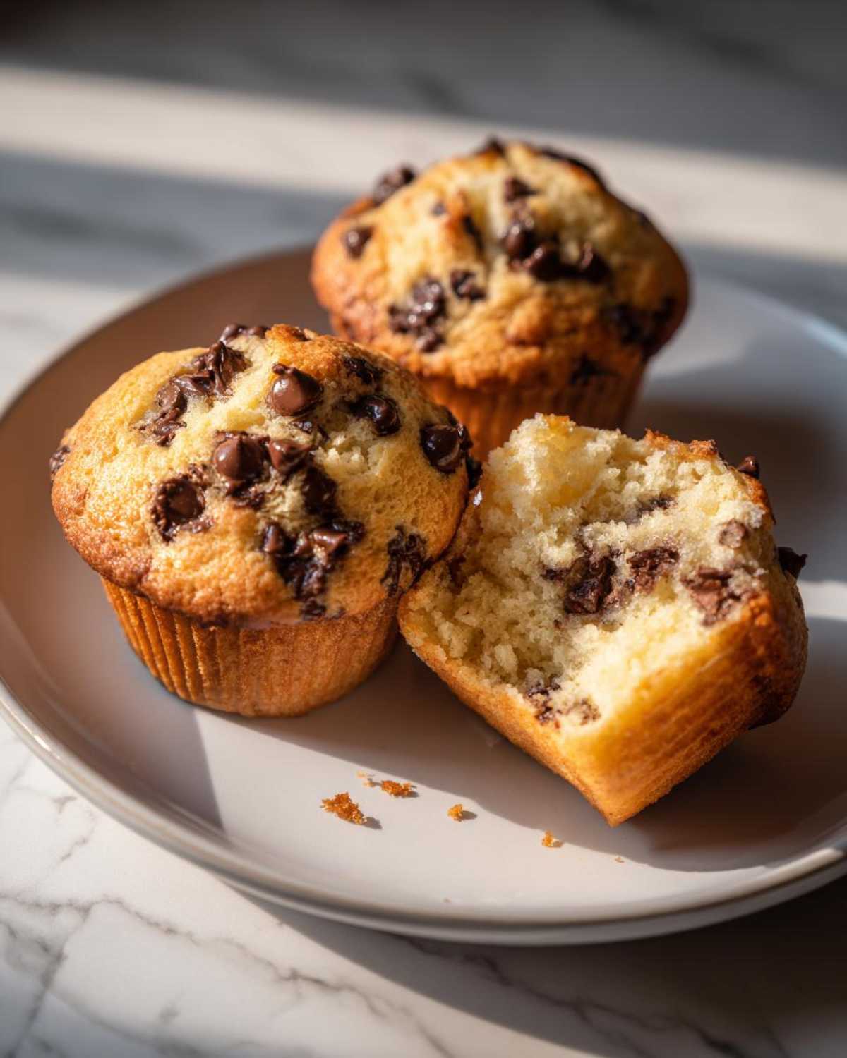 Three golden-brown chocolate chip muffins on a plate, one broken open to show the soft interior.