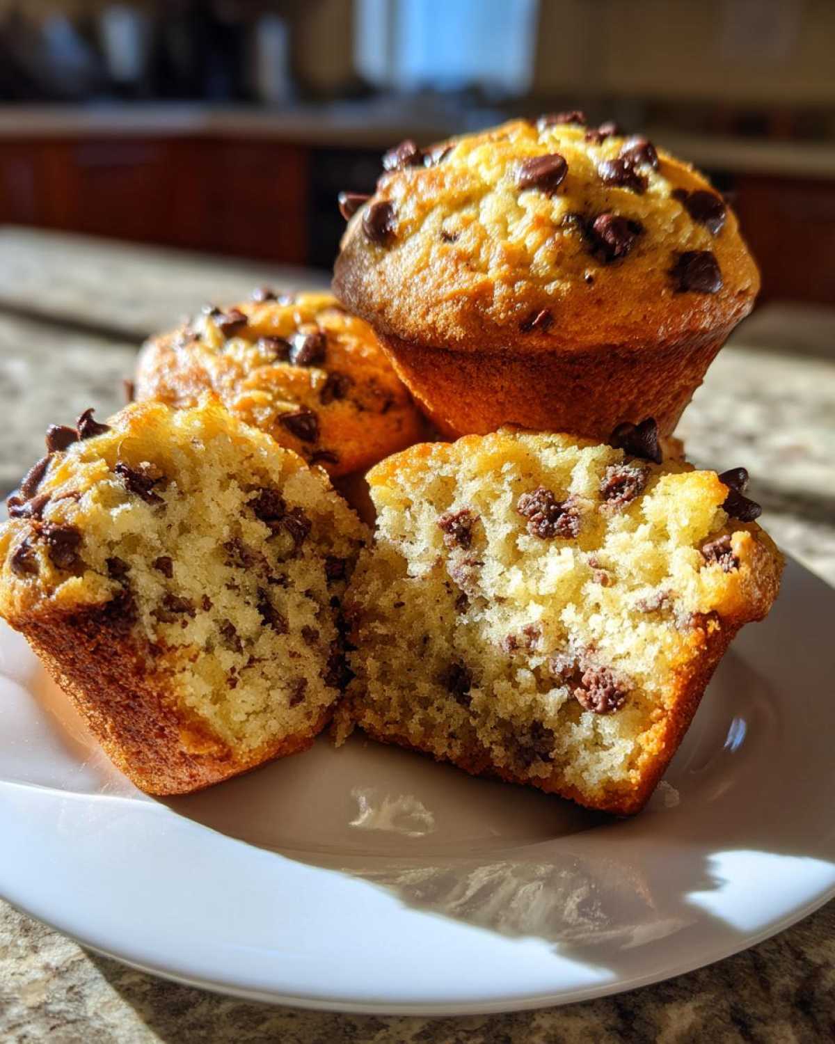 A stack of moist chocolate chip muffins, one cut in half to show the soft interior loaded with chocolate chips.