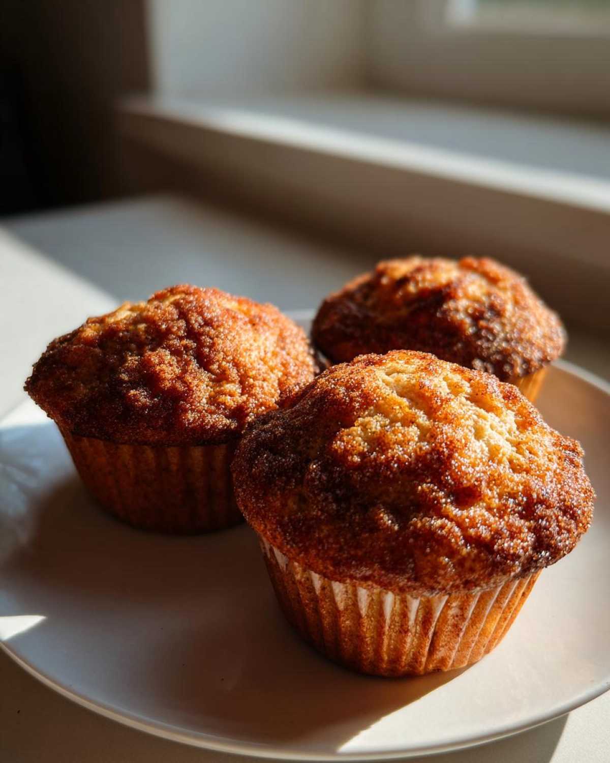 Three freshly baked Banana Cinnamon Muffins with a crunchy cinnamon sugar topping sitting on a white plate.