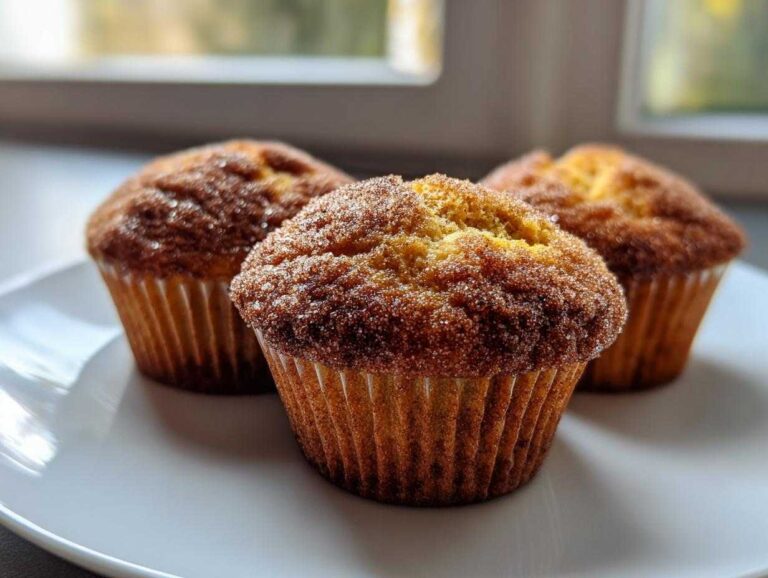 Three freshly baked Banana Cinnamon Muffins with a thick cinnamon sugar topping resting on a white plate.