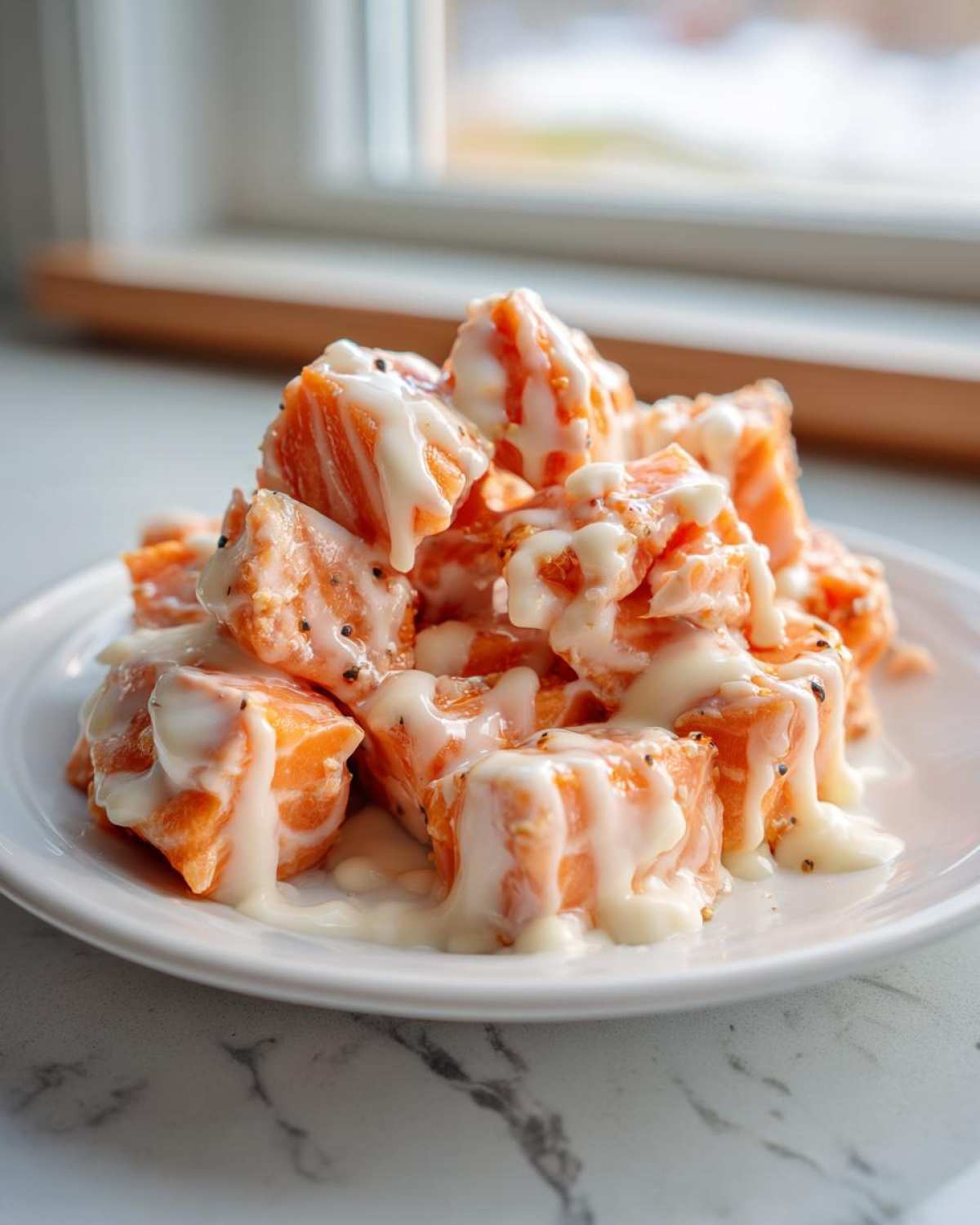 Close-up of cooked, cubed salmon pieces piled on a white plate, generously drizzled with a creamy white sauce, resembling Bang Bang Salmon Bites.