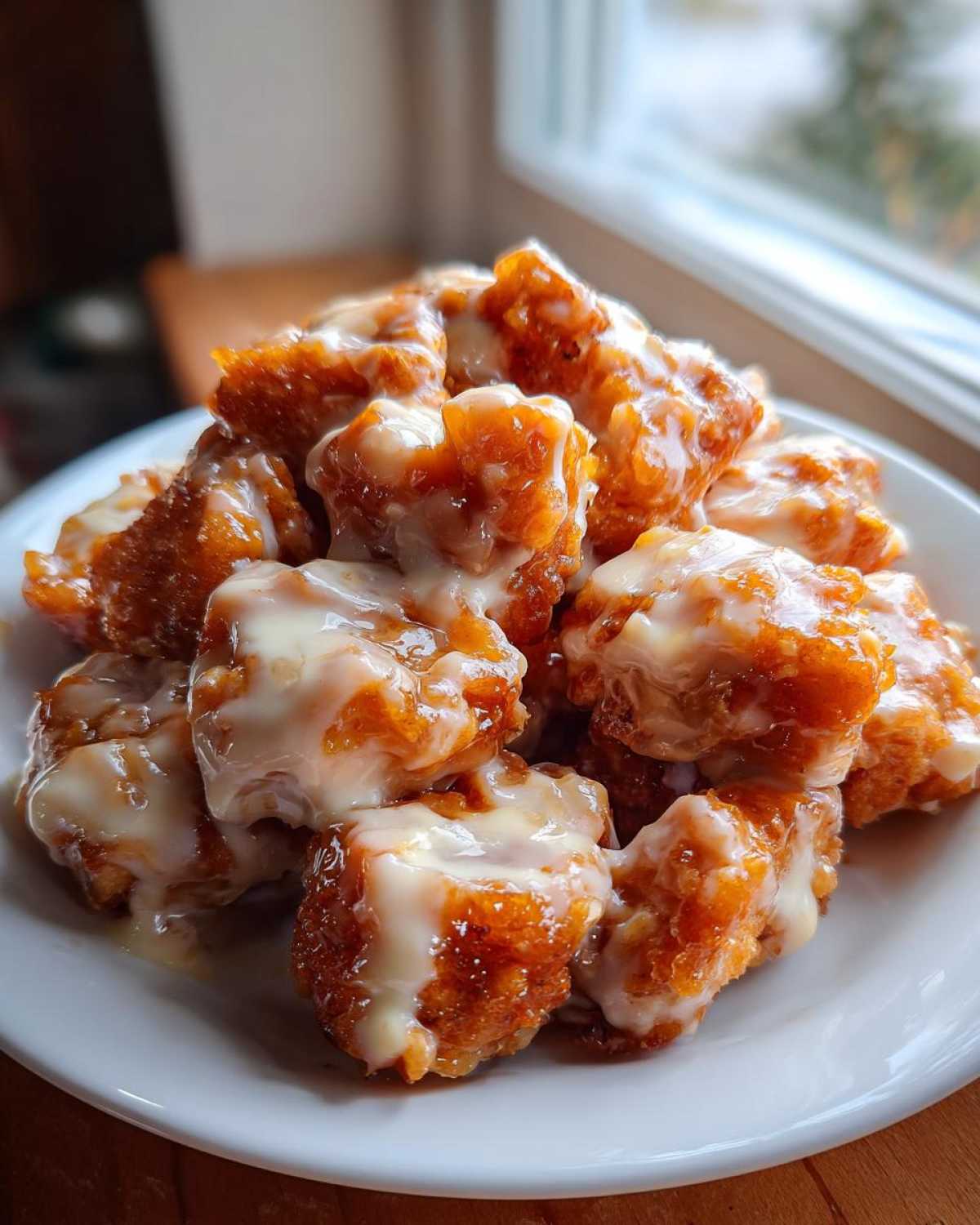 Close-up of crispy, golden Bang Bang Salmon Bites piled on a white plate and generously drizzled with a creamy white sauce.