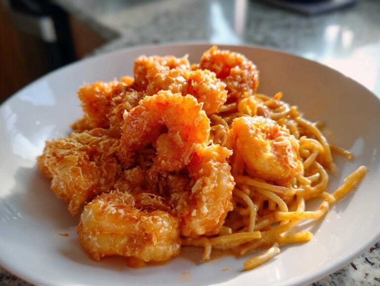 A close-up of crispy Bang Bang Shrimp served over creamy noodles in a white bowl.