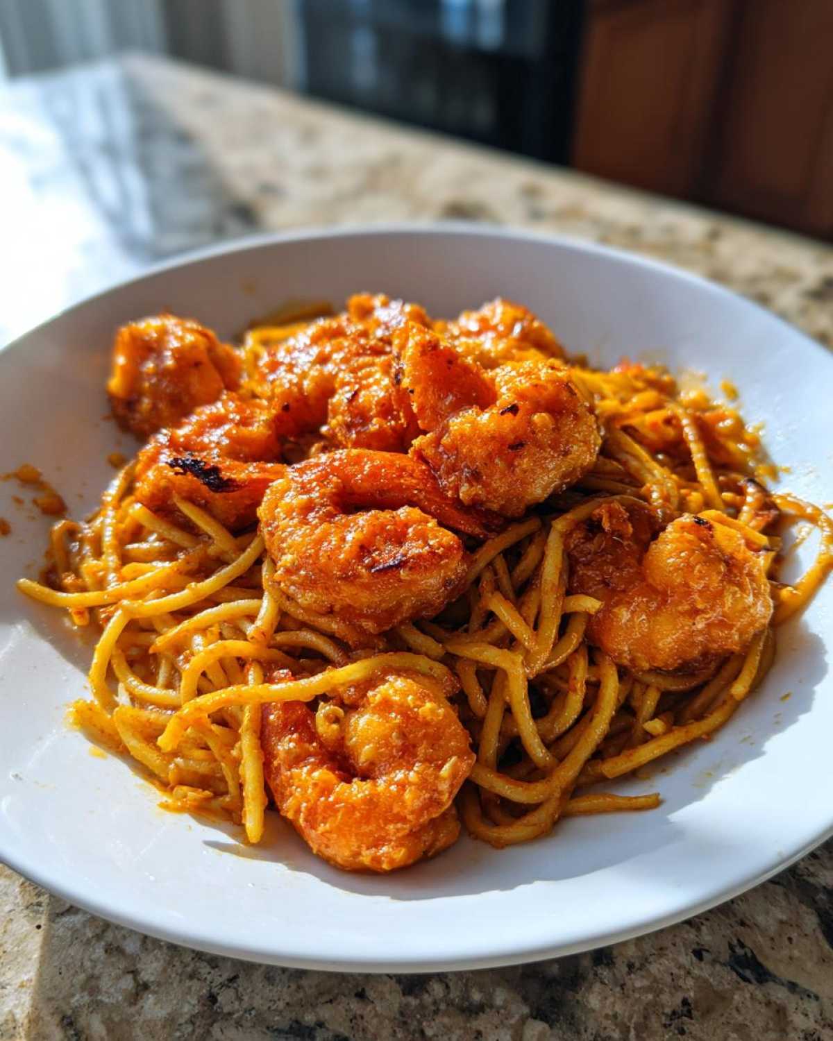 Close-up of a white bowl filled with saucy noodles topped with crispy, orange Bang Bang Shrimp.