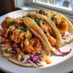 Three delicious Bang Bang Shrimp Tacos filled with crispy shrimp, slaw, and drizzled with orange sauce.
