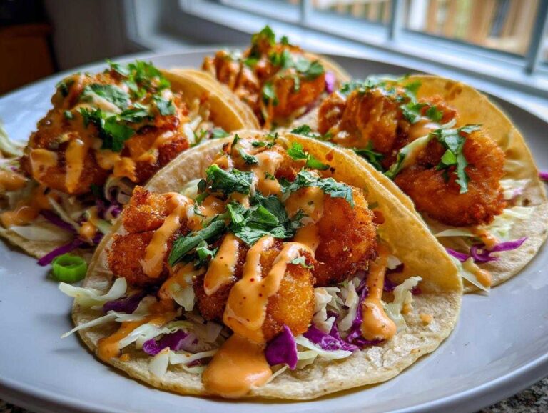 A plate featuring several appetizing Bang Bang Shrimp Tacos topped with creamy sauce and fresh cilantro.