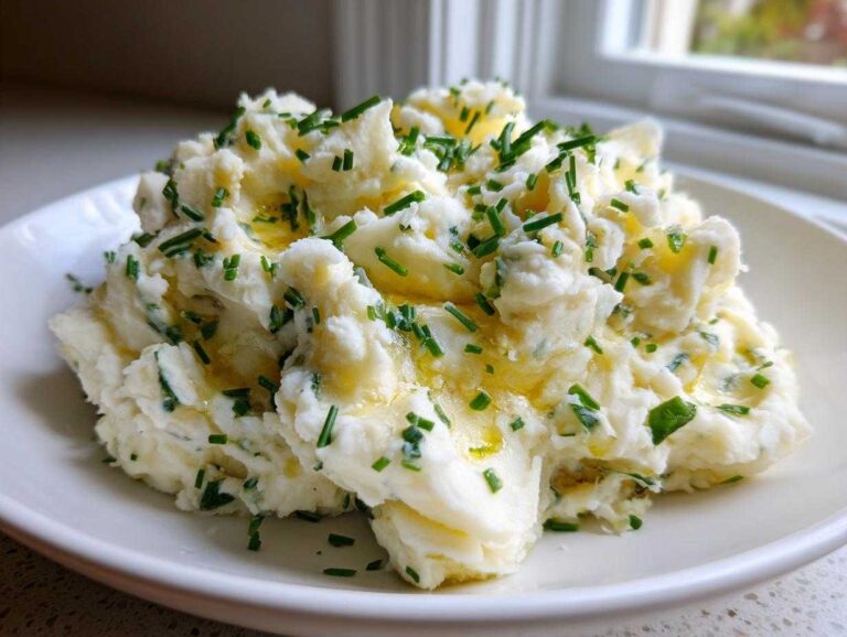 A generous serving of fluffy mashed potatoes topped with melted brown butter and freshly chopped chives.