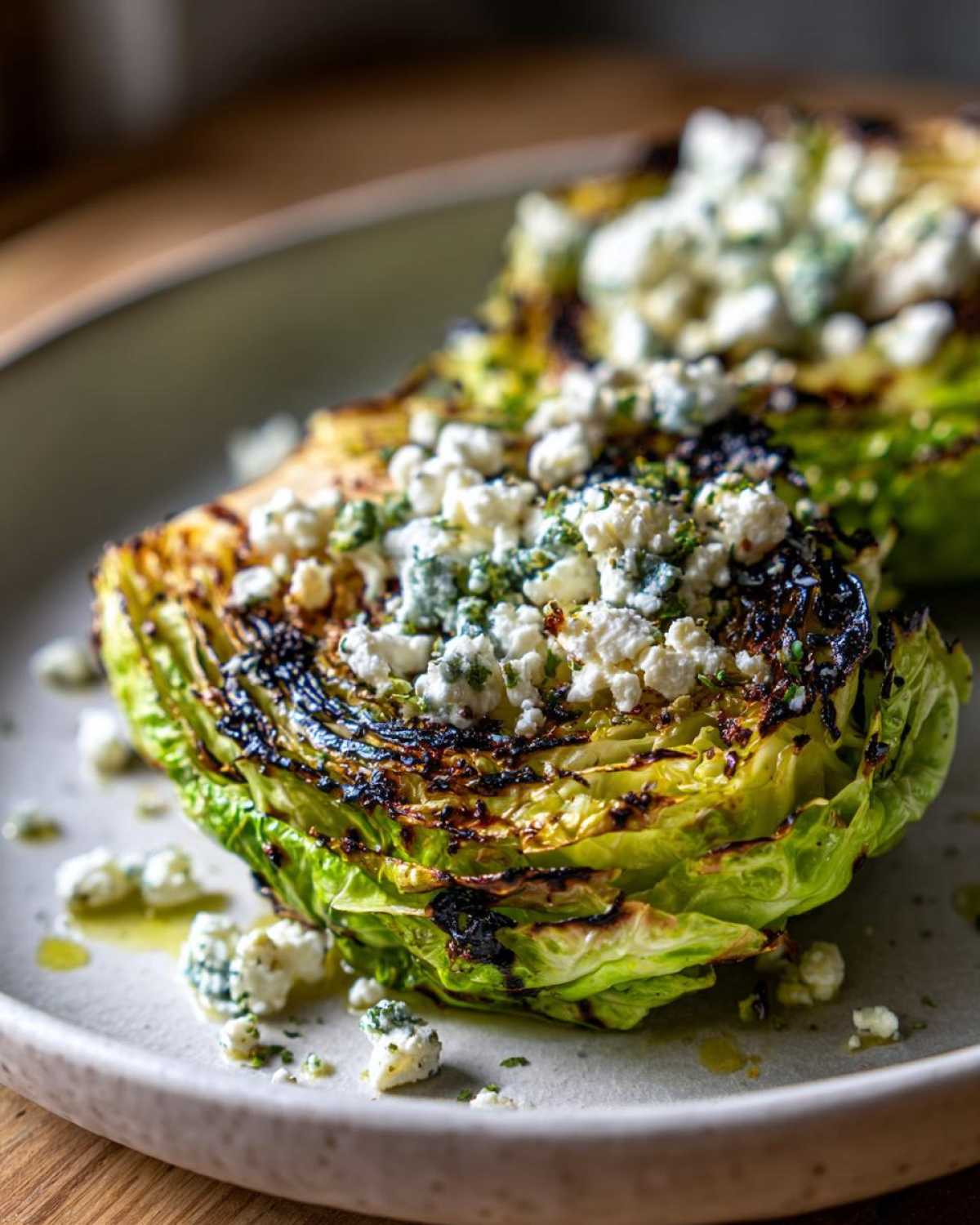 Close-up of two Blistered Cabbage Steaks topped generously with crumbled feta cheese and herbs.