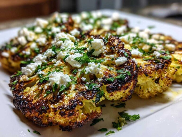 Close-up of perfectly charred Blistered Cabbage Steaks with Feta cheese crumbles and fresh parsley.