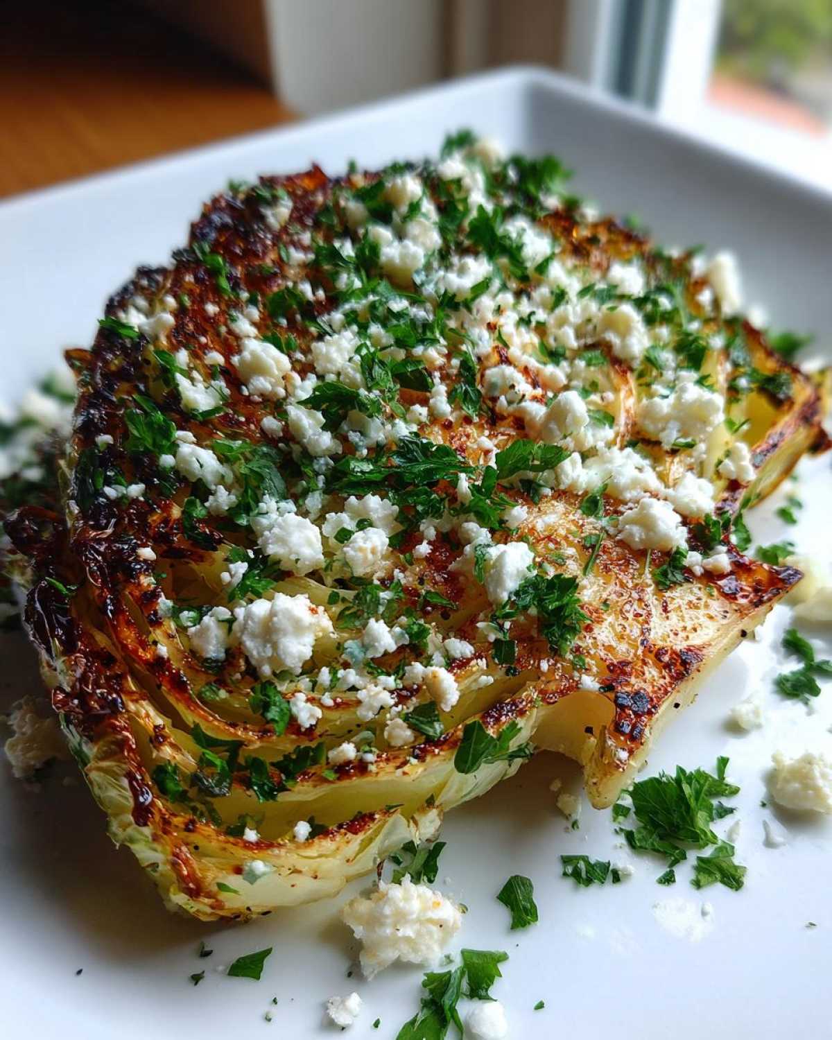 A close-up of a perfectly cooked Blistered Cabbage Steak topped generously with crumbled feta cheese and fresh parsley.