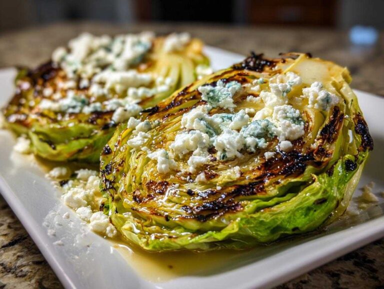 Two perfectly charred Blistered Cabbage Steaks topped generously with white and blue crumbles of feta cheese.