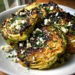 Close-up of perfectly cooked Blistered Cabbage Steaks with Feta and fresh parsley.