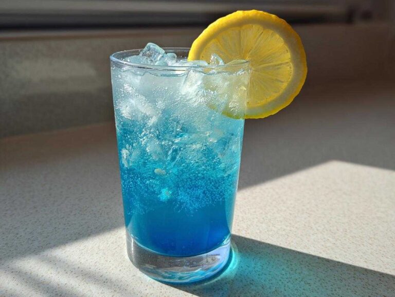 Amazing 3-Minute Blue Drinks Aesthetic Cocktail A vibrant Blue Drinks Aesthetic Cocktail filled with ice and bubbles, garnished with a bright yellow lemon slice.