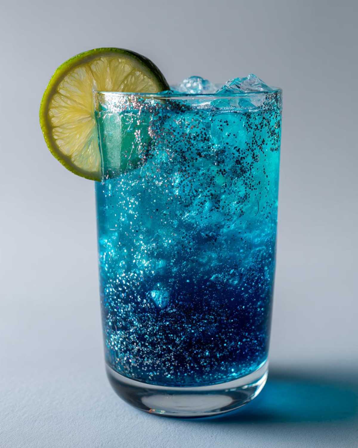 A tall glass holding a vibrant, glittery Blue Drinks Aesthetic Mocktail, garnished with a slice of fresh lime.