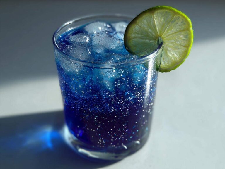 A stunning Blue Drinks Aesthetic Mocktail featuring deep blue liquid, edible glitter, ice, and a fresh lime wheel garnish.