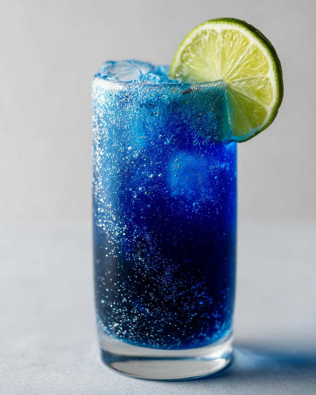 Close-up of a tall glass containing a vibrant, shimmering Blue Drinks Aesthetic Mocktail, garnished with a fresh lime wheel.