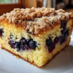 Close-up of a moist slice of blueberry breakfast cake featuring visible blueberries and a sugary streusel topping.