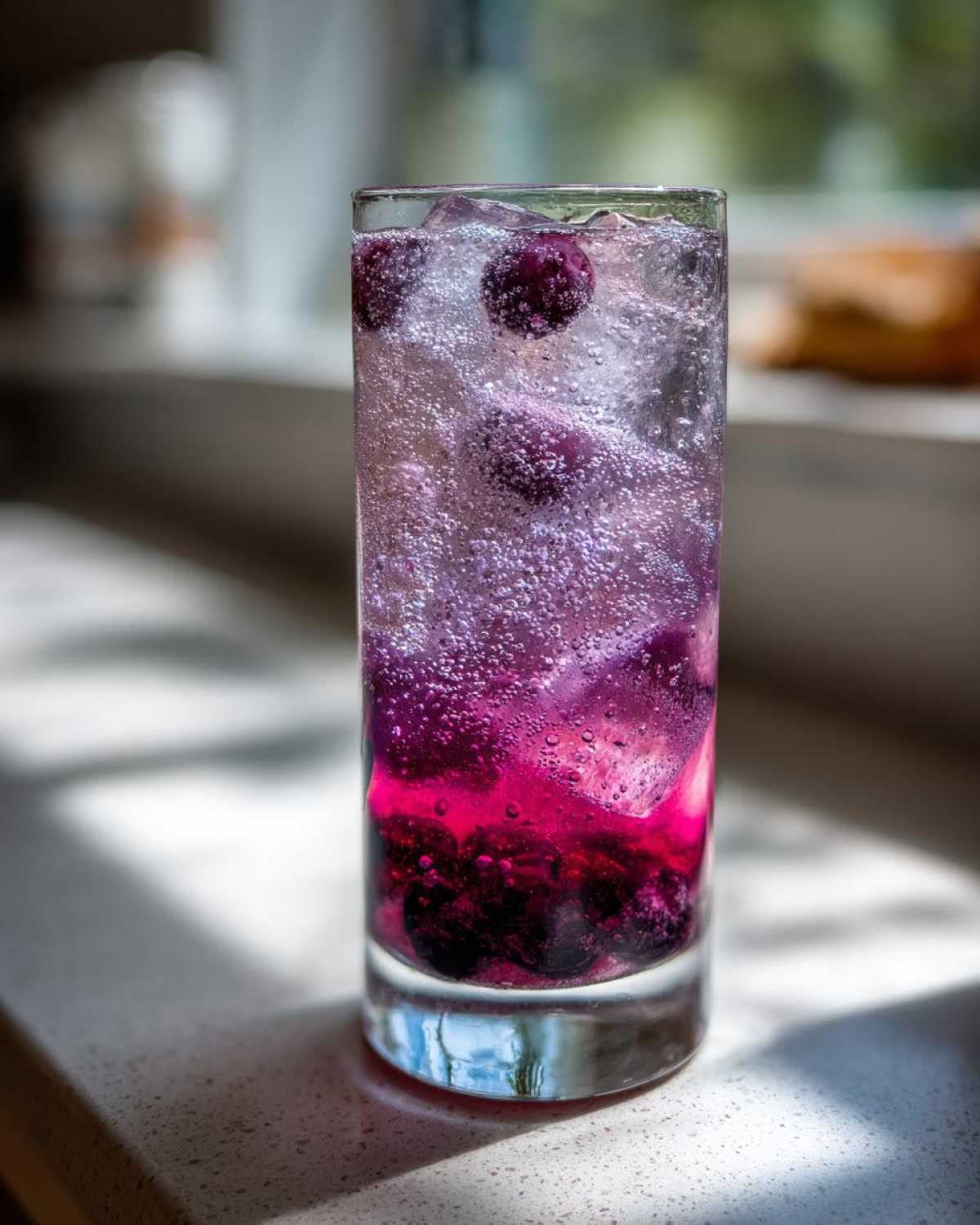 Close-up of a tall glass containing a vibrant Blueberry Jam Gin Spritz with ice and whole blueberries.