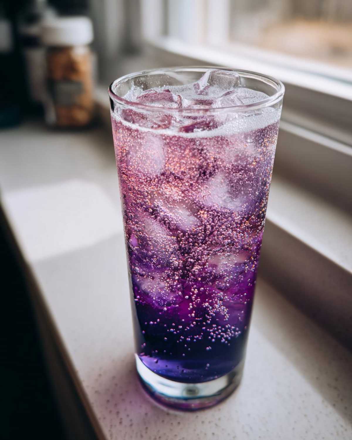 A tall glass filled with a vibrant purple Blueberry Jam Gin Spritz, packed with ice and fizzing bubbles.
