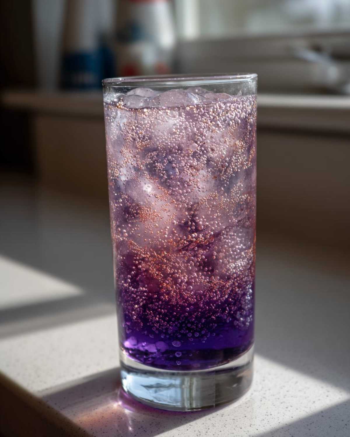 Close-up of a tall glass filled with a vibrant purple Blueberry Jam Gin Spritz, ice, and effervescent bubbles.