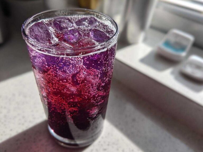 Close-up of a tall glass filled with a vibrant, bubbly Blueberry Jam Gin Spritz, showing deep purple and red hues over ice cubes.