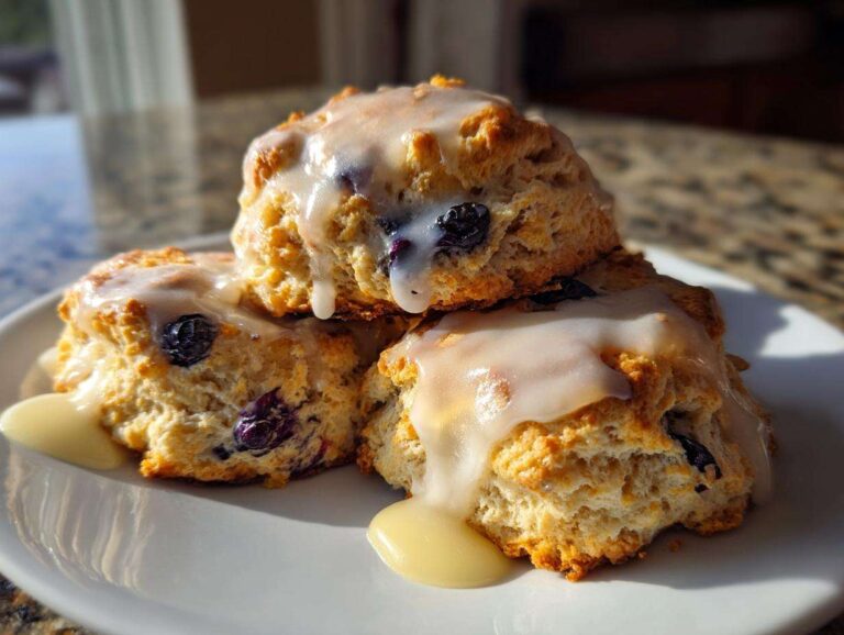 Three delicious Blueberry Lemon Scones stacked, generously topped with a thick lemon glaze.
