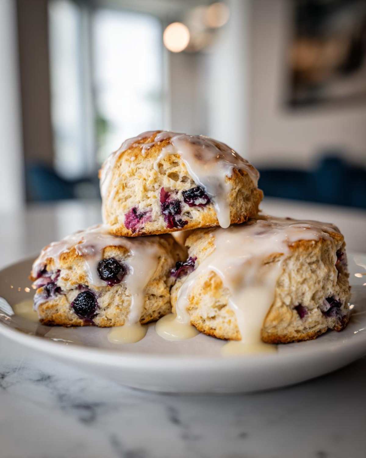 Three delicious Blueberry Lemon Scones Recipe stacked on a white plate, drizzled with thick lemon glaze.